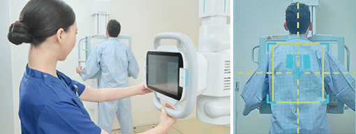 Technologist using a wireless tablet with an automated positioning overlay grid on the RADspeed Pro SR5 system