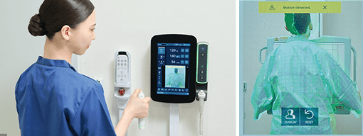 Technologist using a wireless tablet with motion detection overlay to monitor patient positioning on the RADspeed Pro SR5 system