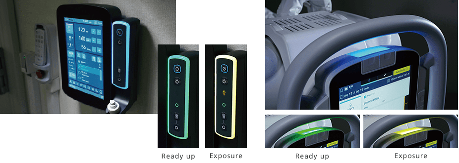 RADspeed Pro SR5 wall-mounted exposure console and tube head handgrip showing ready-up and exposure indicator lights
