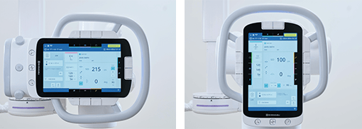 Two views of the RADspeed Pro SR5 touchscreen console displaying exposure settings