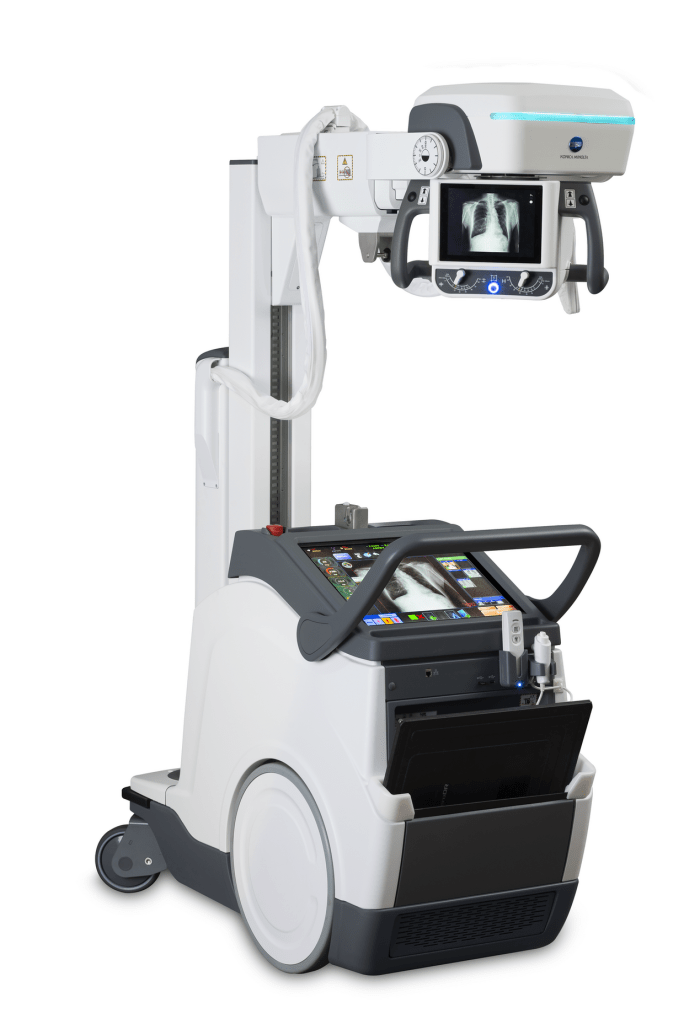Konica Minolta mKDR Xpress mobile X-ray unit, angled view showing the tube head, column, touchscreen console, and wheeled base
