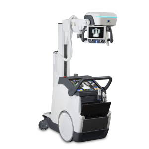 Konica Minolta mKDR Xpress mobile X-ray unit, angled view showing the tube head, column, touchscreen console, and wheeled base