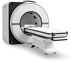 Rendering of an MRI scanner with wide-bore gantry and extended patient table