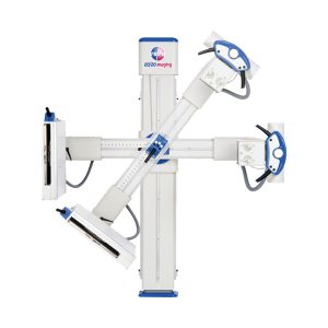 20/20 Imaging retrofit system shown with wall stand, table Bucky, and horizontal tube stand components