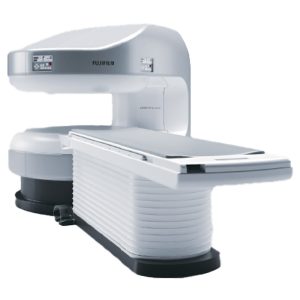 Angled front view of the Fujifilm APERTO Lucent open MRI system with patient table extended