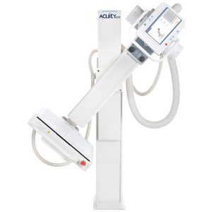 Angled view of the Acuity SDR+ system showing the X-ray tube head, articulating arm, detector, and touchscreen control panel