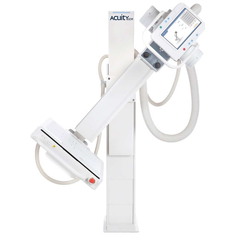 Angled view of the Acuity SDR+ system showing the X-ray tube head, articulating arm, detector, and touchscreen control panel