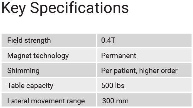 Table of APERTO Lucent key specifications: 0.4T field strength, permanent magnet technology, per-patient higher order shimming, 500 lb table capacity, and 300mm lateral movement range