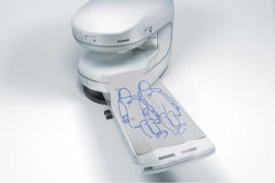 Illustration of the APERTO Lucent open MRI magnet with a body outline shown on the table