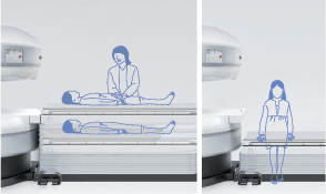 Illustration comparing a patient lying on the APERTO Lucent table versus standing beside it