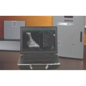 Fujifilm ES Veterinary Travel Kit laptop workstation displaying a horse hoof X-ray, next to the portable detector case
