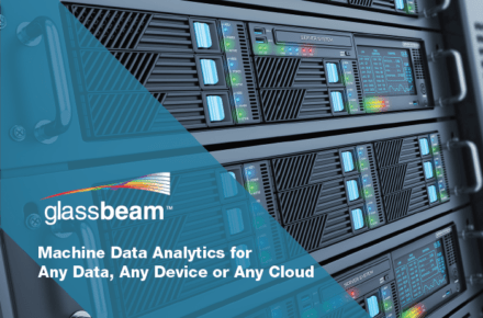 Glassbeam machine data analytics software banner over a photo of server racks, reading Machine Data Analytics for Any Data, Any Device or Any Cloud