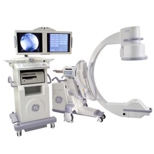 GE OEC mobile C-arm system with dual-monitor imaging cart