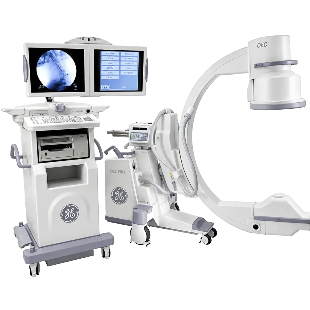 GE OEC Elite mobile C-arm system with dual-monitor imaging cart