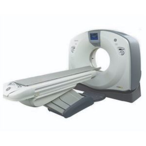 GE Optima 520 16-slice CT scanner with wide-bore gantry and sliding patient table