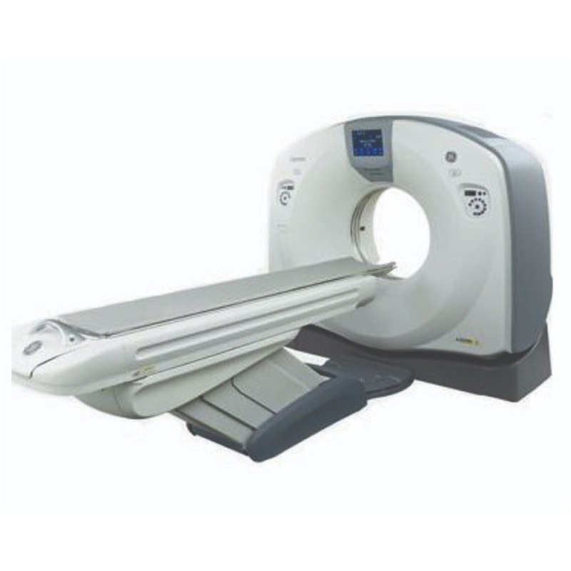 GE Optima 520 16-slice CT scanner with wide-bore gantry and sliding patient table