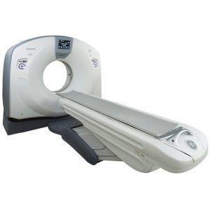 GE Optima CT540 16/32 slice CT scanner, angled view product photo