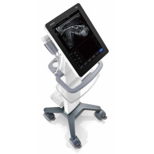 Mindray TE5 Vet ultrasound system on a mobile cart displaying a veterinary ultrasound image