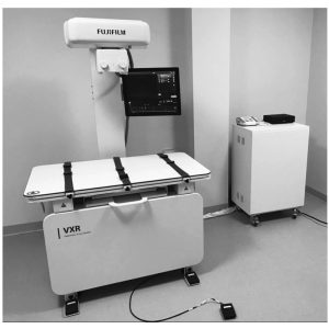 Fujifilm VXR integrated veterinary X-ray system with overhead tube, table, and control monitor