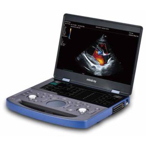 Mindray Vetus E7 veterinary ultrasound system, open laptop-style unit displaying a color Doppler cardiac image