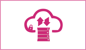 Icon depicting secure cloud storage with upload and download arrows and a lock