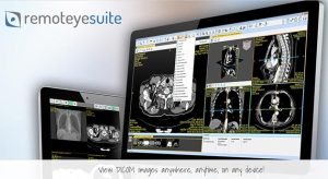 RemotEye Suite branding graphic showing DICOM images displayed on desktop and tablet screens