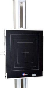 20/20 Imaging retrofit wall-mounted detector cassette holder shown mounted on a wall stand column