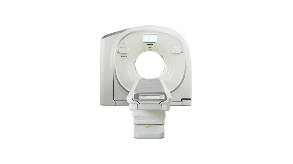 Fujifilm Scenaria View CT scanner with wide-bore gantry, front view