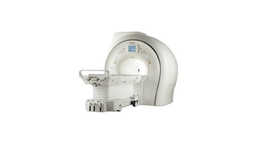 GE Optima MRI scanner with open bore and patient table on a white background