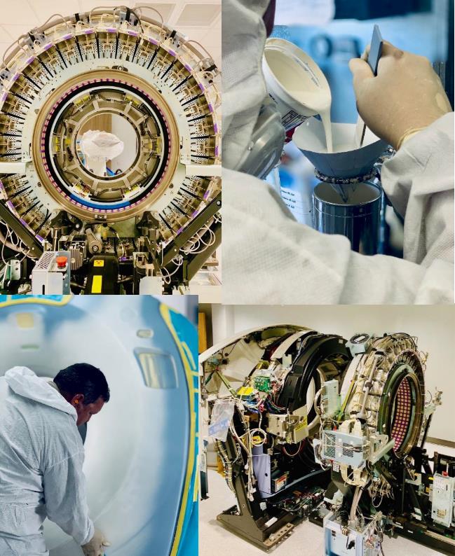Four-panel collage of MRI system refurbishment: coil assembly, technician adding coolant, gantry housing being cleaned, and disassembled scanner components