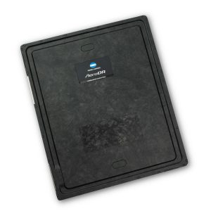 Angled top view of the AeroDR HD Carbon flat panel detector showing its carbon fiber casing and Konica Minolta AeroDR branding