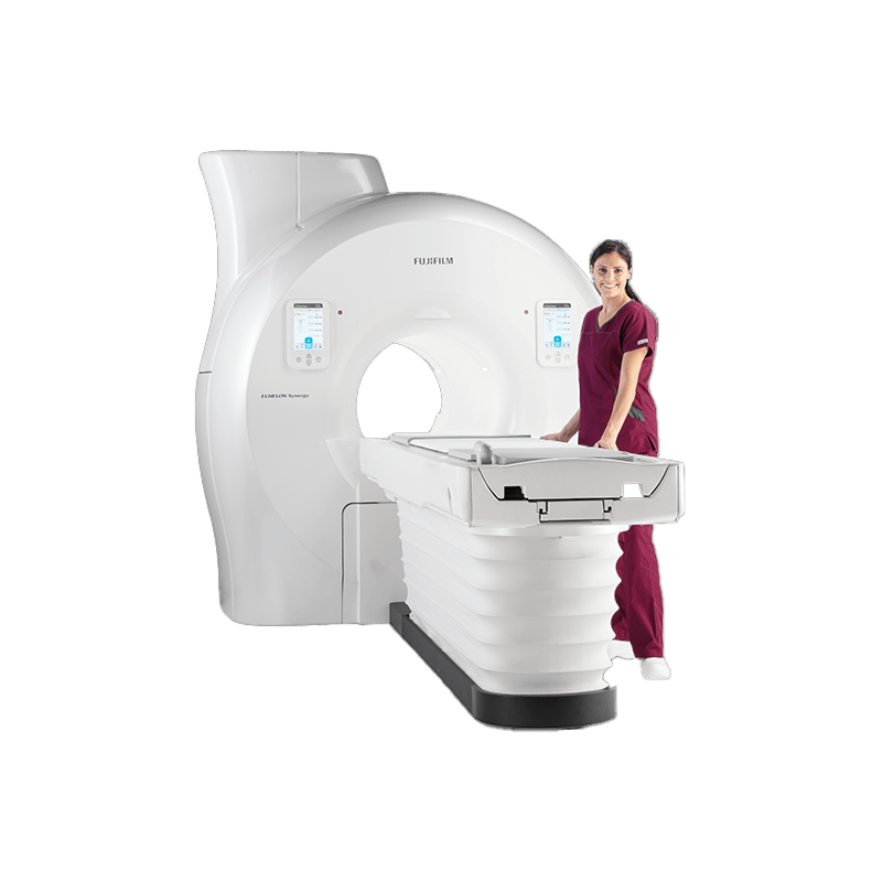 Fujifilm Echelon Synergy MRI scanner with a technician in maroon scrubs standing beside the patient table