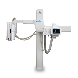 Konica Minolta KDR Advanced U-Arm system shown at an angle with wall stand, U-arm column, and tube head