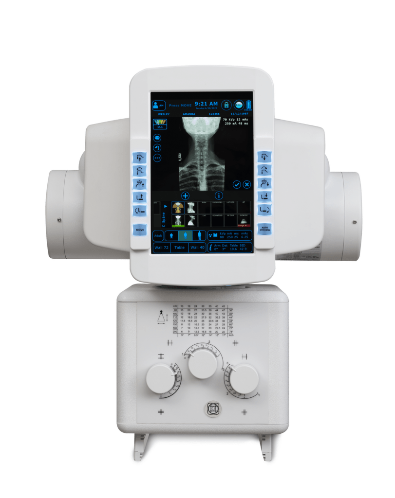 Close-up of the KDR Advanced U-Arm tube head touchscreen displaying a cervical spine X-ray