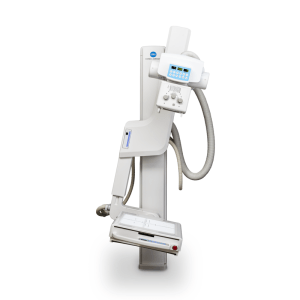 Konica Minolta KDR Primary U-Arm system shown at an angle with tube head and wall stand