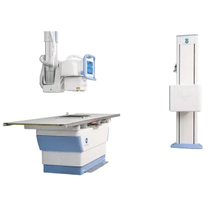 Konica Minolta KDR Flex overhead X-ray system showing the tube head, table, and wall stand together