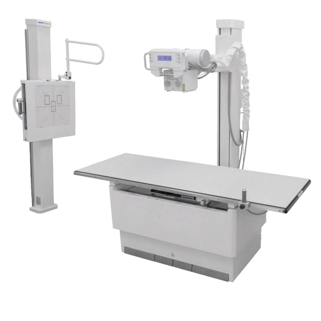 AMRAD DFMT Elite radiographic room showing the wall stand, tube crane, and elevating exam table