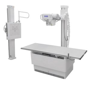AMRAD DFMT Elite radiographic room showing the wall stand, tube crane, and elevating exam table