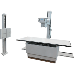 AMRAD FMT Classic radiographic room showing the wall stand, tube crane, and elevating exam table