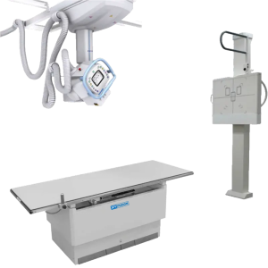 XR Fusion OTS Elite system showing the ceiling-mounted tube crane, table, and wall-mounted detector stand