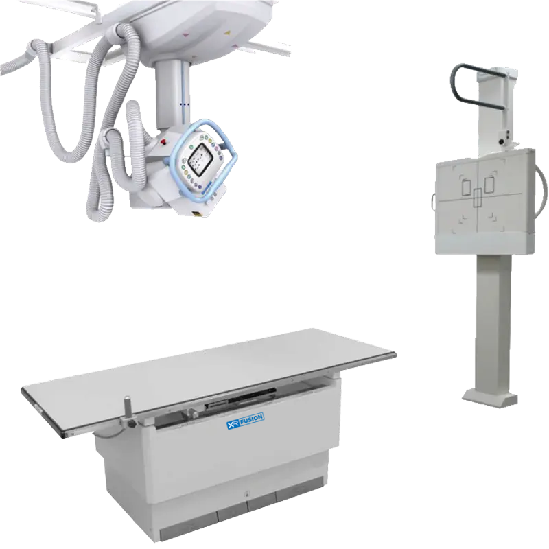 XR Fusion OTS Elite system showing the ceiling-mounted tube crane, table, and wall-mounted detector stand