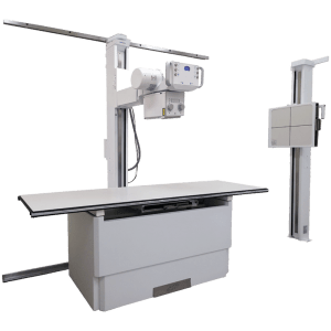 Simplicity FWFC radiographic room showing the tube crane, exam table, and wall stand detector