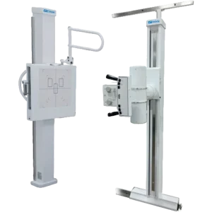 XRFusion CS Elite ceiling-mounted X-ray system showing the wall-mounted detector stand and overhead tube crane