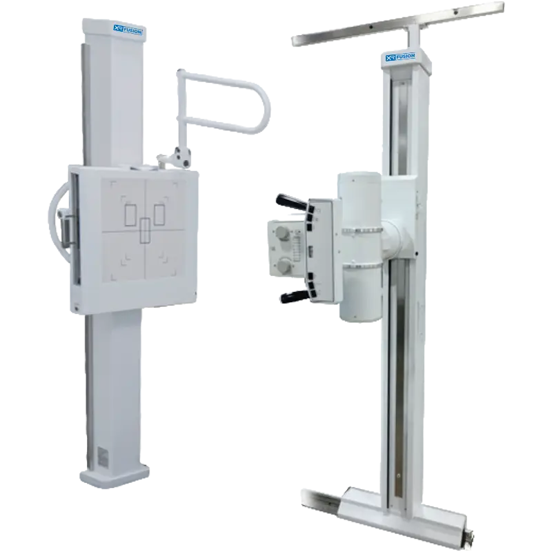 XRFusion CS Elite ceiling-mounted X-ray system showing the wall-mounted detector stand and overhead tube crane
