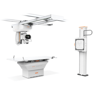 DRX-Compass radiographic system showing the ceiling-mounted tube crane, table, and wall stand together