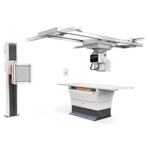 Carestream DRX-Evolution Plus radiographic room showing the ceiling-suspended tube, wall stand detector, and elevating exam table
