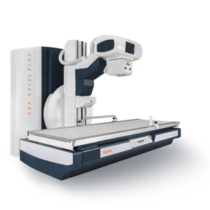Carestream DRX-Excel Plus radiographic and fluoroscopy table with tube head positioned over the tabletop, angled view