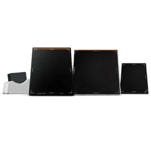 Carestream DRX Plus flat panel detectors in three sizes next to the DRX-LC lift-assist stand