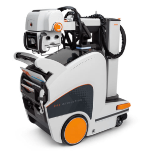 Carestream DRX-Revolution mobile X-ray system, angled view showing the collimator head, tube arm, and driver handle