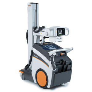 Carestream DRX-Rise mobile X-ray unit, angled view showing the collimator head, touchscreen console, and orange-wheeled base